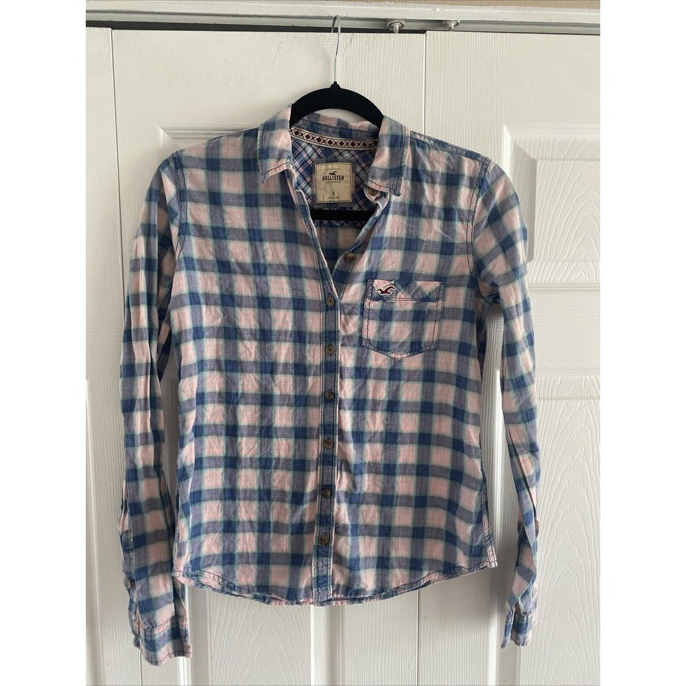 Hollister Plaid Button Down Shirt Womens Size S Blue Pink Coastal Cotton Blend